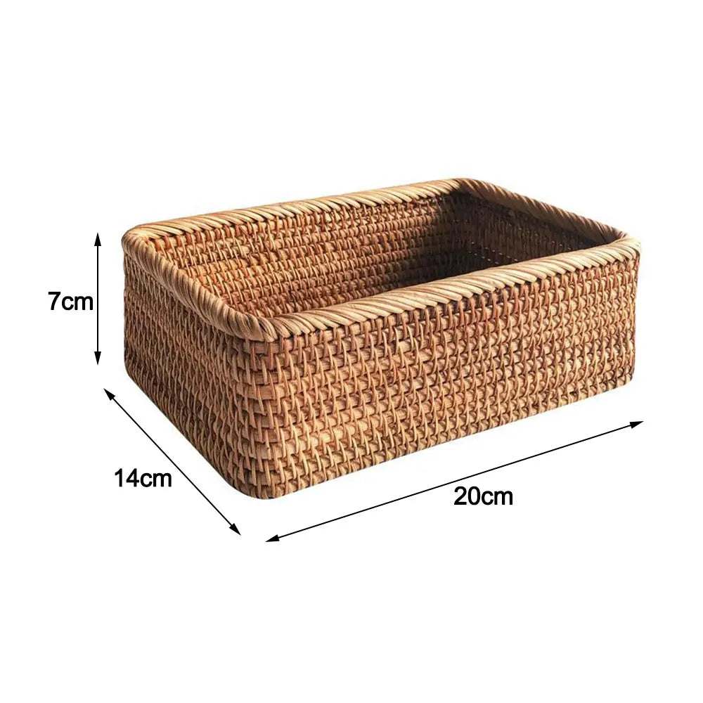 Handwoven Rectangular Rattan Wicker Basket Fruit Tea Snack Bread Picnic Cosmetic Storage Box Kitchen Supplies Household Tools