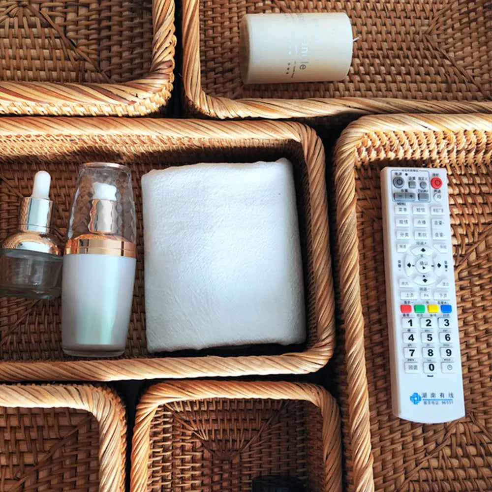 Handwoven Rectangular Rattan Wicker Basket Fruit Tea Snack Bread Picnic Cosmetic Storage Box Kitchen Supplies Household Tools
