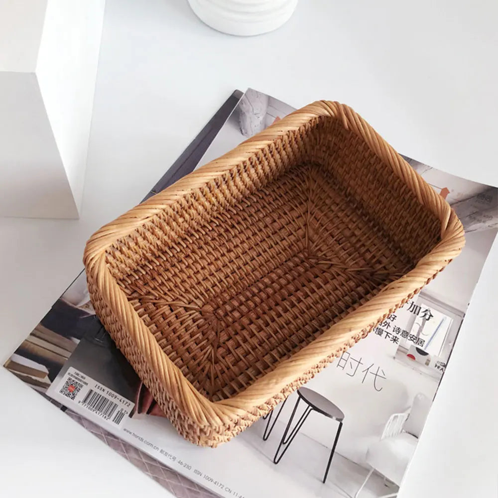 Handwoven Rectangular Rattan Wicker Basket Fruit Tea Snack Bread Picnic Cosmetic Storage Box Kitchen Supplies Household Tools