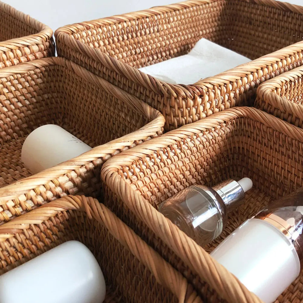 Handwoven Rectangular Rattan Wicker Basket Fruit Tea Snack Bread Picnic Cosmetic Storage Box Kitchen Supplies Household Tools