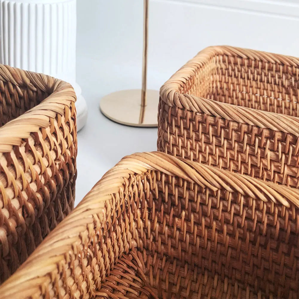 Handwoven Rectangular Rattan Wicker Basket Fruit Tea Snack Bread Picnic Cosmetic Storage Box Kitchen Supplies Household Tools
