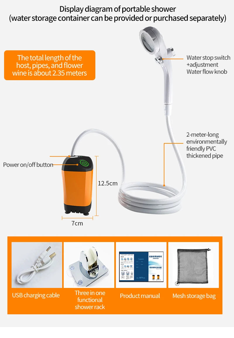 Outdoor Camping Shower IPX7 Waterproof with Digital Display Portable Electric Shower Pump for Hiking Travel Beach Pet Watering