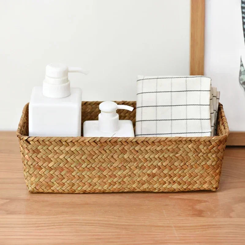 Handmade Woven Storage Baskets Natural Straw Desktop Storage Box Rectangle Sundries Organizer Cosmetic Container Organization