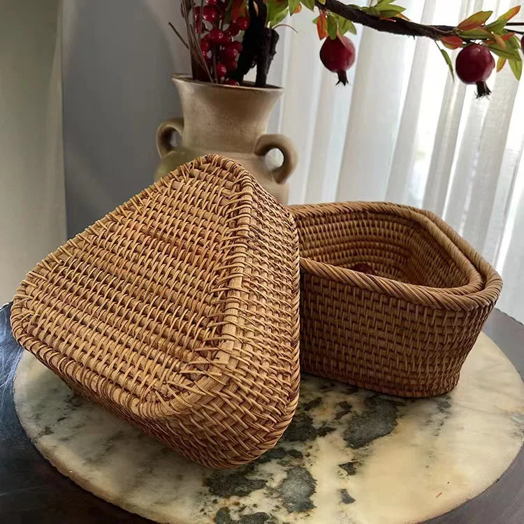 Handwoven Rectangular Rattan Wicker Basket Fruit Tea Snack Bread Picnic Cosmetic Storage Box Kitchen Supplies Household Tools