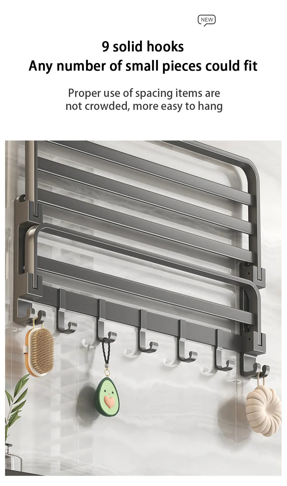 WY008-3 Bi-Fold 24 Inch Towel Rack with Bar Holder Shelf Movable Hooks Rust Proof Towel Storage Wall Mount for Bathroom
