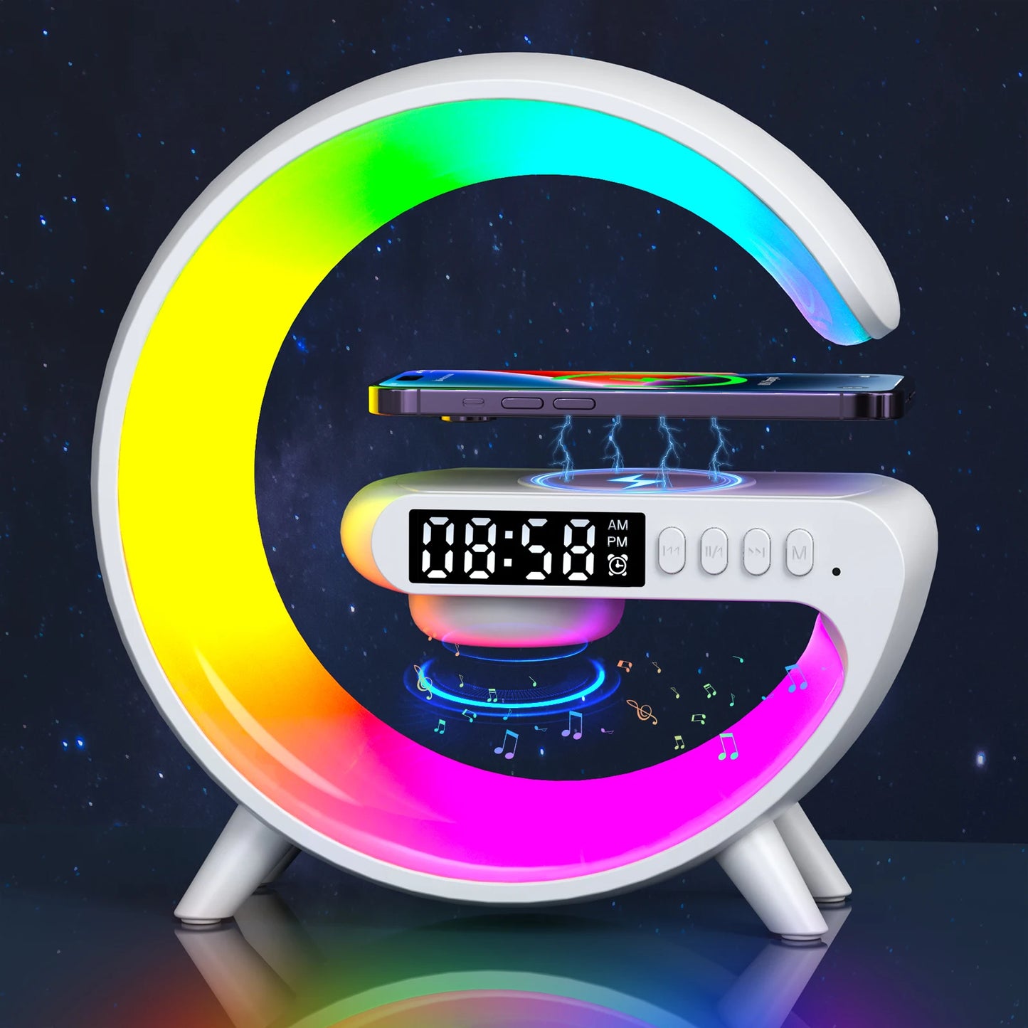 LED Smart Wake Up Light RGB Night Light with Wireless Speaker 15W Wireless Rechargeable Desk Lamp for Bedroom Bedside Game Room
