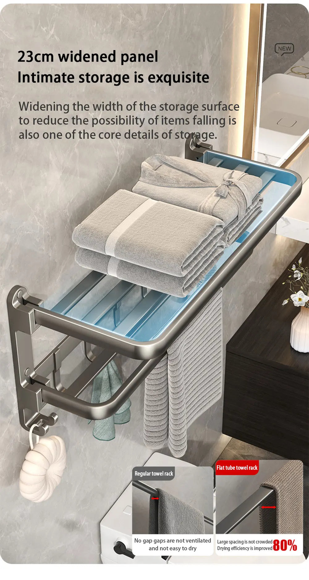 WY008-3 Bi-Fold 24 Inch Towel Rack with Bar Holder Shelf Movable Hooks Rust Proof Towel Storage Wall Mount for Bathroom