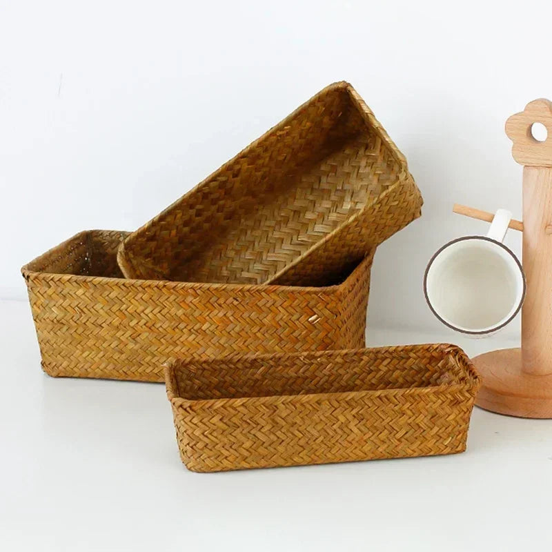 Handmade Woven Storage Baskets Natural Straw Desktop Storage Box Rectangle Sundries Organizer Cosmetic Container Organization