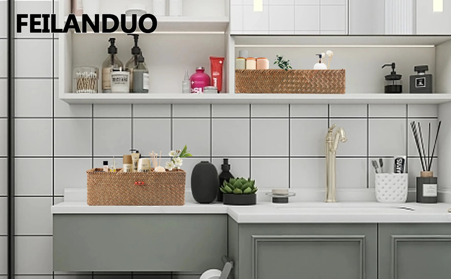 Hand Woven Storage Baskets With Lid Dust Clothing Storage-Box Rectangular Wardrobe Container Sundries Organizer 3 Grids