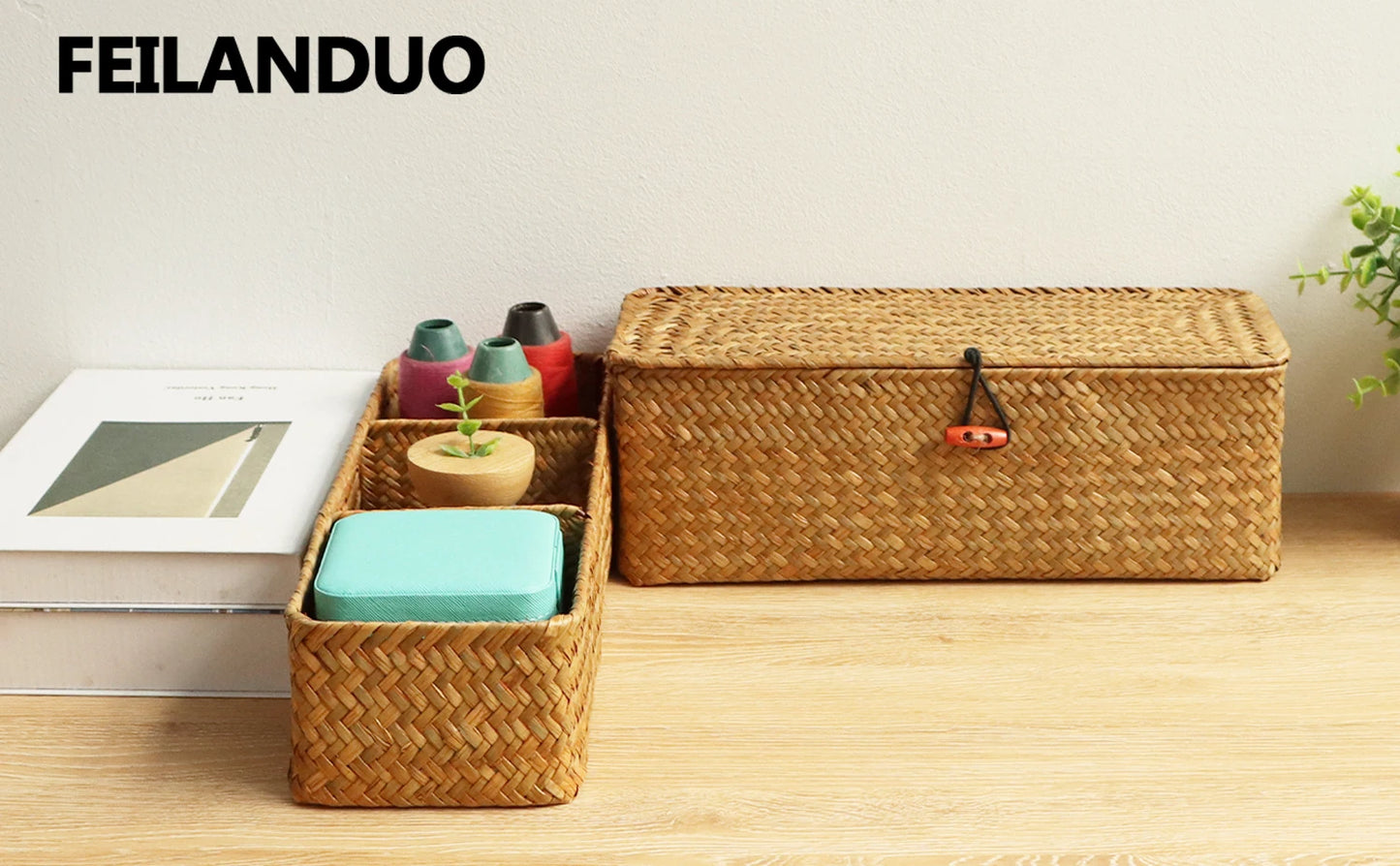 Hand Woven Storage Baskets With Lid Dust Clothing Storage-Box Rectangular Wardrobe Container Sundries Organizer 3 Grids