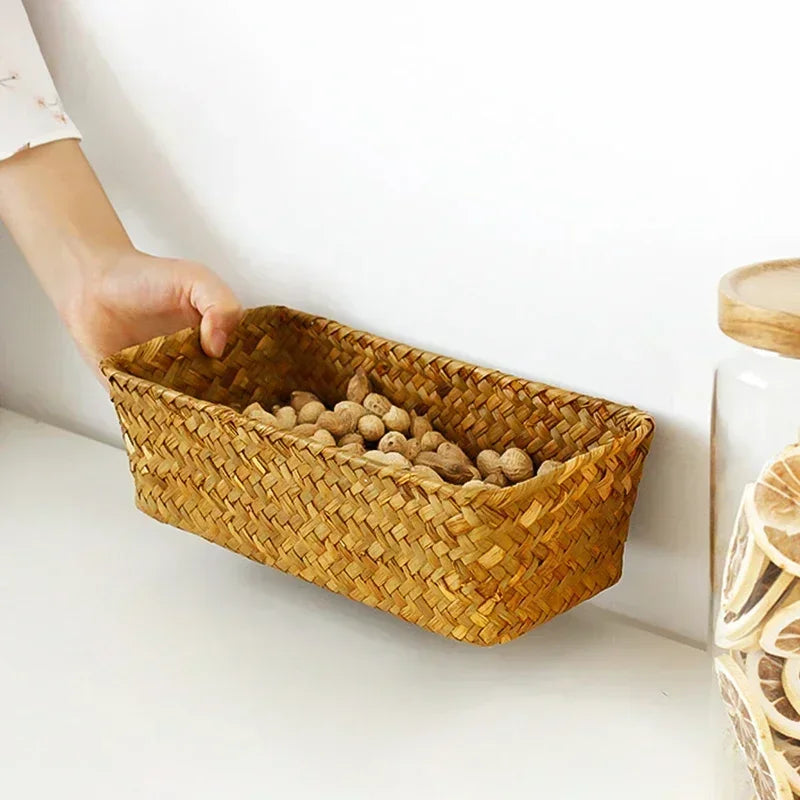 Handmade Woven Storage Baskets Natural Straw Desktop Storage Box Rectangle Sundries Organizer Cosmetic Container Organization