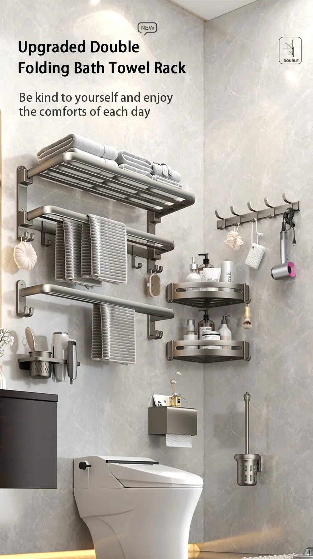 WY008-3 Bi-Fold 24 Inch Towel Rack with Bar Holder Shelf Movable Hooks Rust Proof Towel Storage Wall Mount for Bathroom