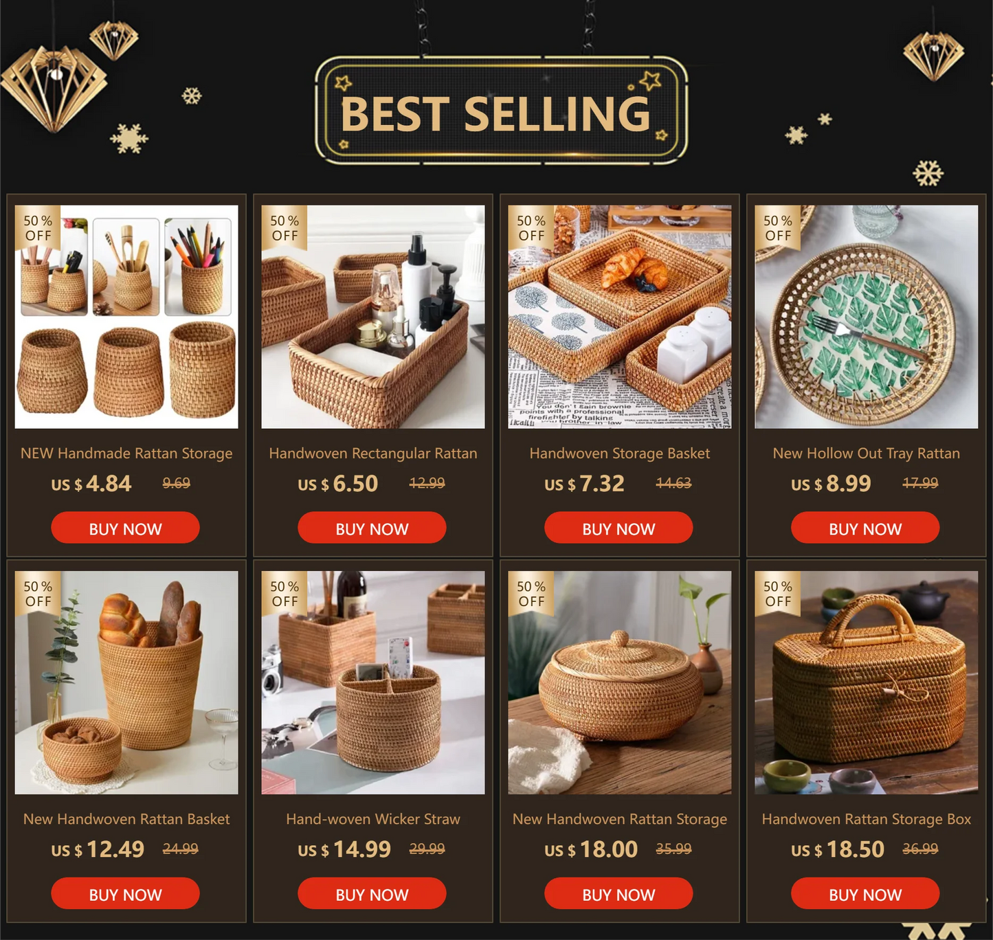 Handwoven Rectangular Rattan Wicker Basket Fruit Tea Snack Bread Picnic Cosmetic Storage Box Kitchen Supplies Household Tools