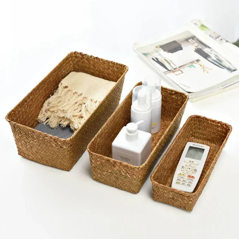 Handmade Woven Storage Baskets Natural Straw Desktop Storage Box Rectangle Sundries Organizer Cosmetic Container Organization