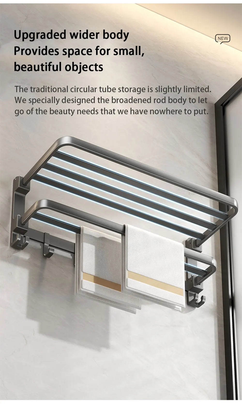 WY008-3 Bi-Fold 24 Inch Towel Rack with Bar Holder Shelf Movable Hooks Rust Proof Towel Storage Wall Mount for Bathroom
