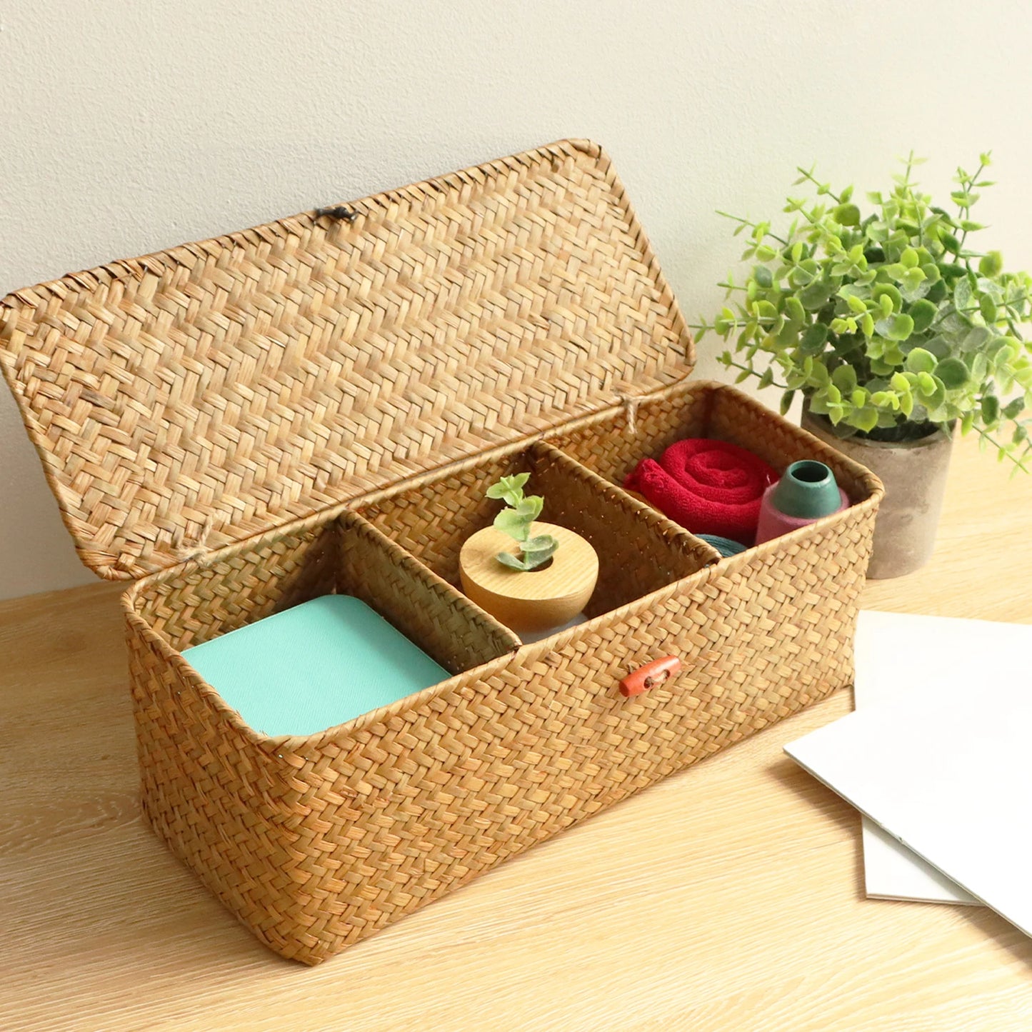 Hand Woven Storage Baskets With Lid Dust Clothing Storage-Box Rectangular Wardrobe Container Sundries Organizer 3 Grids