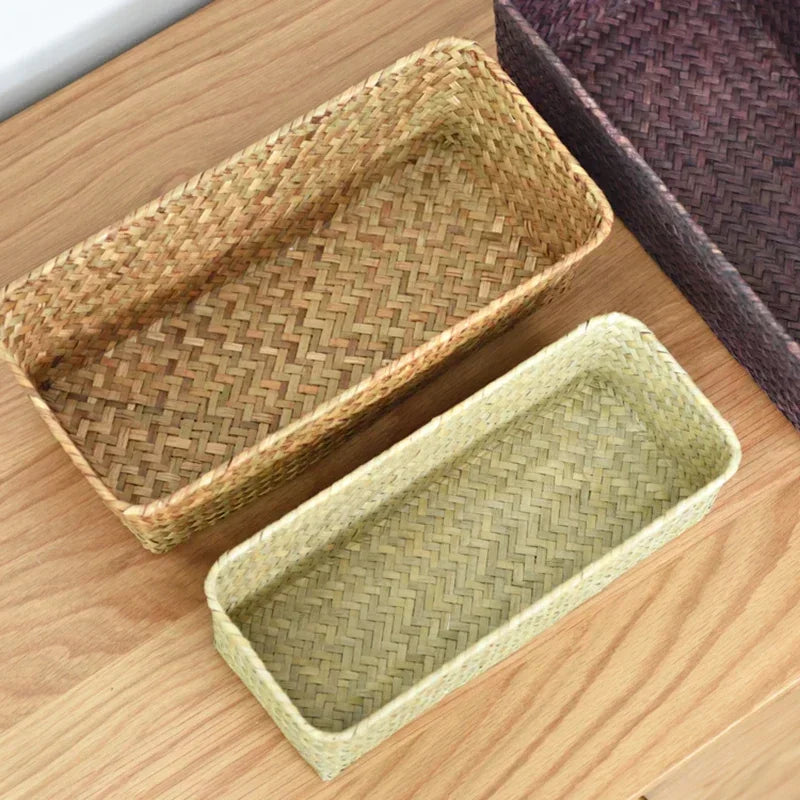 Handmade Woven Storage Baskets Natural Straw Desktop Storage Box Rectangle Sundries Organizer Cosmetic Container Organization