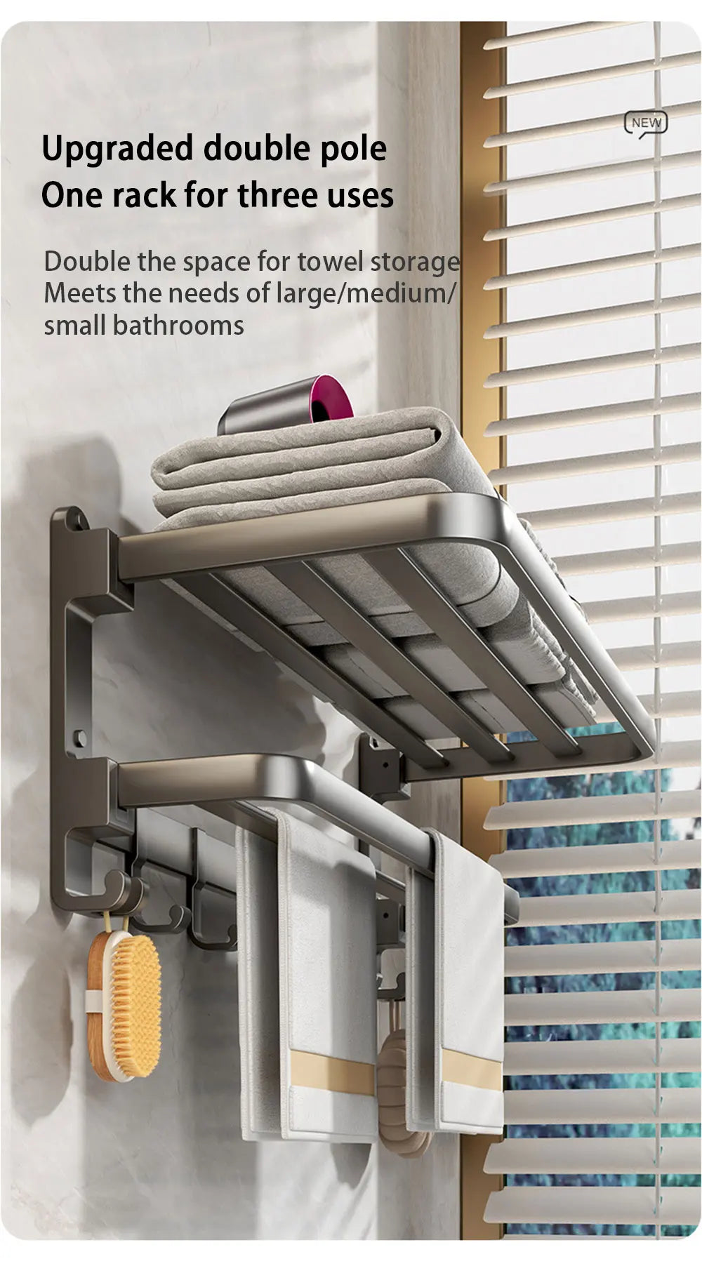 WY008-3 Bi-Fold 24 Inch Towel Rack with Bar Holder Shelf Movable Hooks Rust Proof Towel Storage Wall Mount for Bathroom
