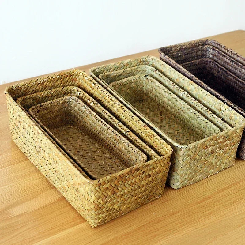 Handmade Woven Storage Baskets Natural Straw Desktop Storage Box Rectangle Sundries Organizer Cosmetic Container Organization