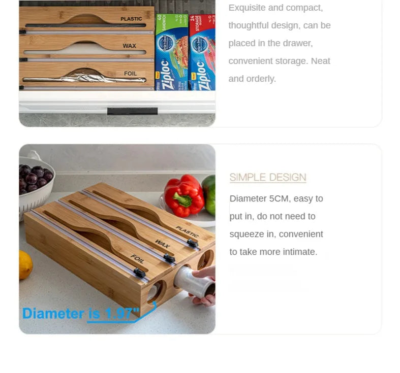 1pc Cling Film Cutter Minimalist Wall Mounted Wooden Kitchenware Multi Compartment Multi Layer Hidden Scratchers Two Way Cutter