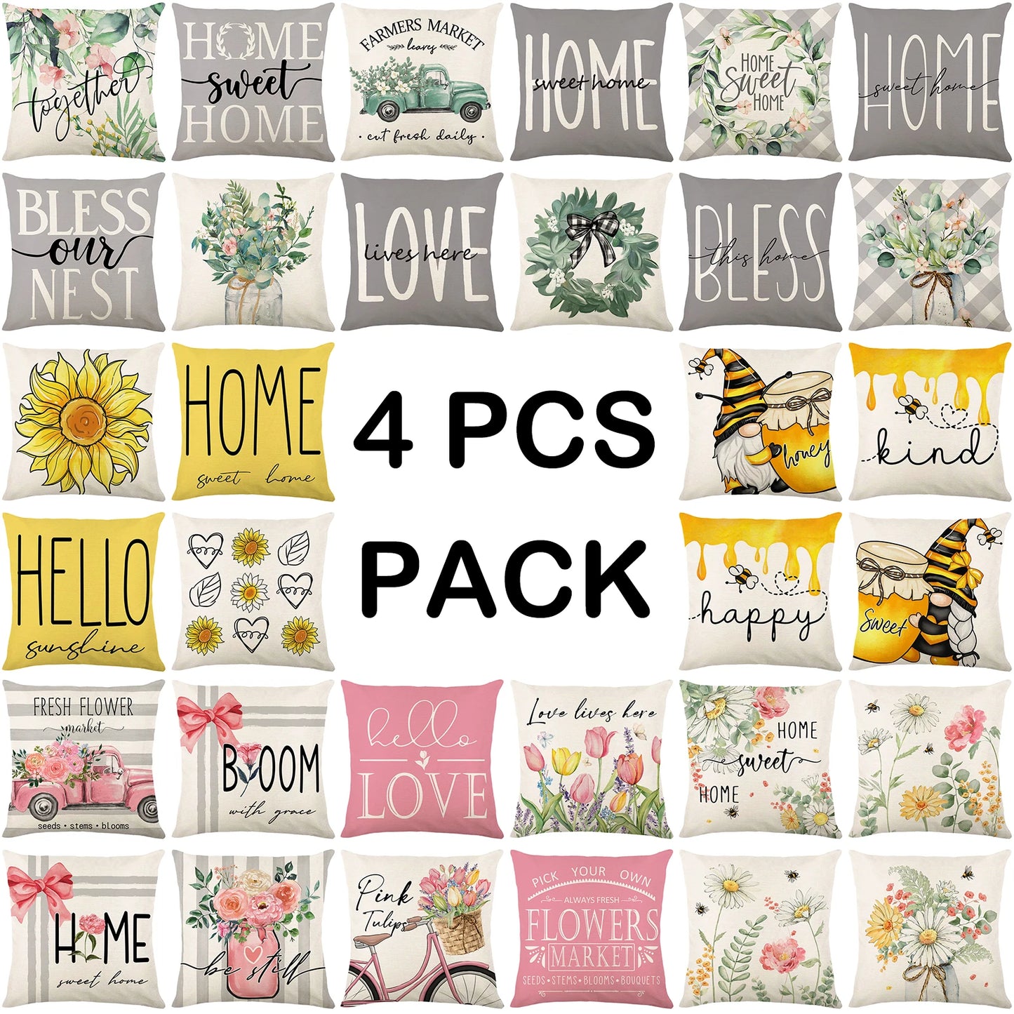 "4Pcs Floral Linen Pillow Cases 45x45CM"