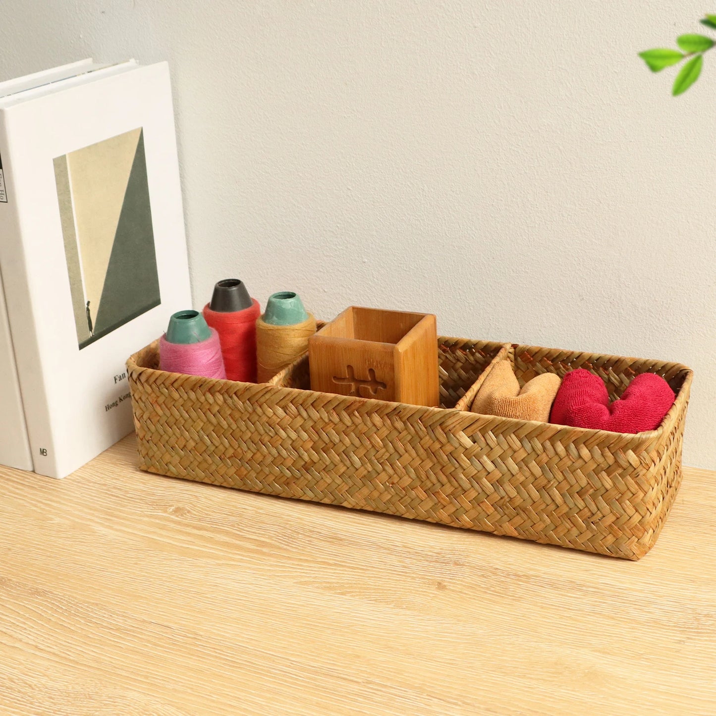 Hand Woven Storage Baskets With Lid Dust Clothing Storage-Box Rectangular Wardrobe Container Sundries Organizer 3 Grids