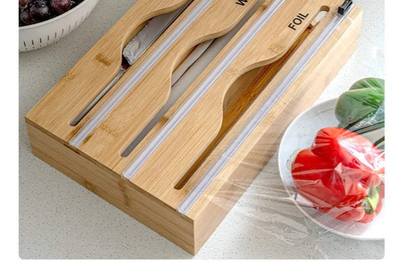 1pc Cling Film Cutter Minimalist Wall Mounted Wooden Kitchenware Multi Compartment Multi Layer Hidden Scratchers Two Way Cutter